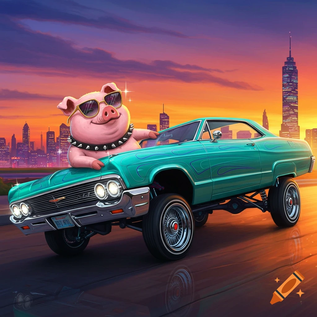 Cartoon pig in sunglasses and spiked collar in a green lowrider car at sunset with city skyline.