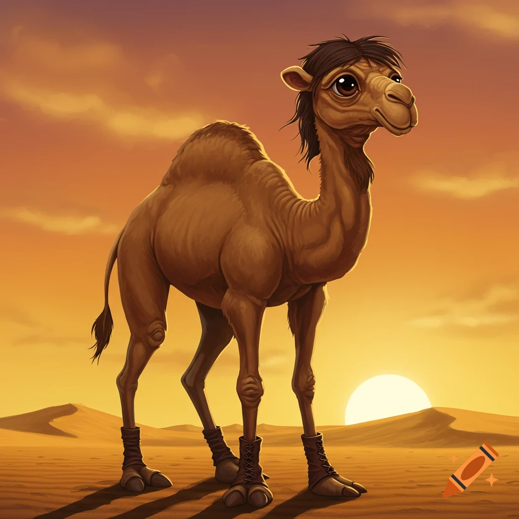 Cartoon bipedal camel wearing boots stands in a desert sunset.