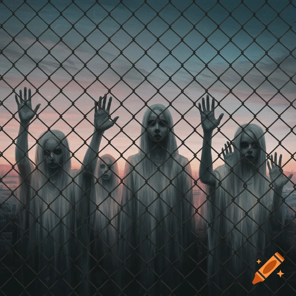 Translucent ghostly figures behind a chainlink fence, hands raised, against a sunset sky.