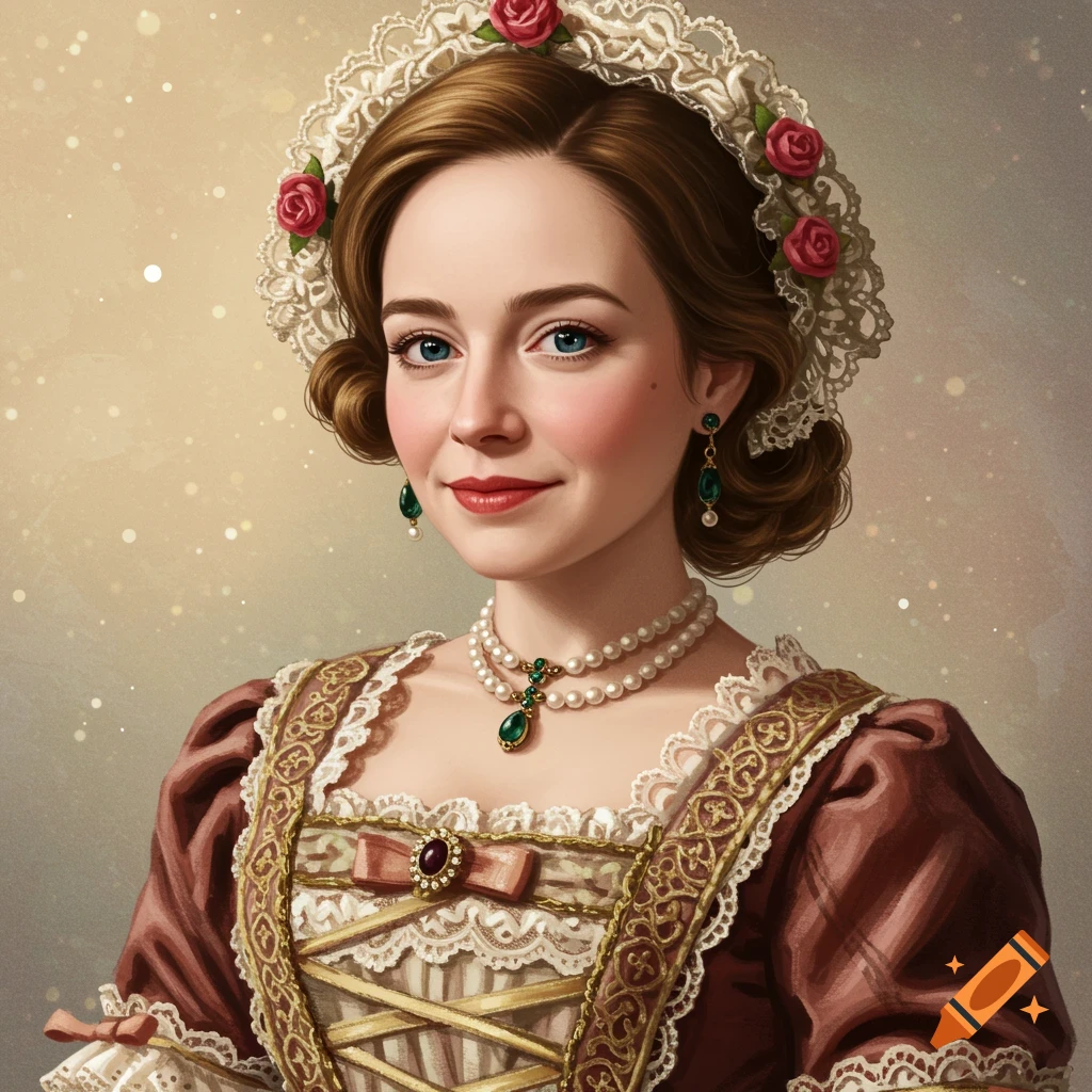 Portrait of a woman in historical dress with a lace bonnet and pearls.