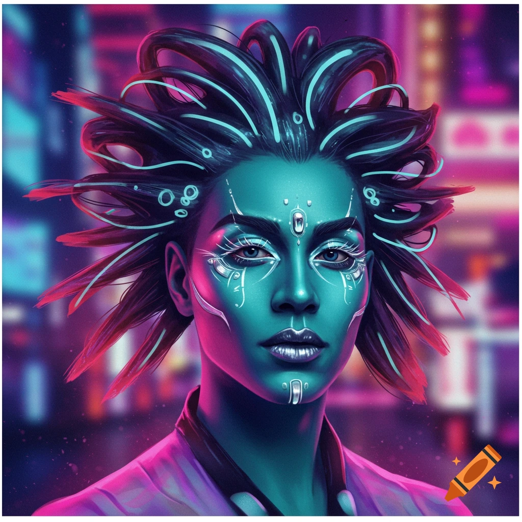 A futuristic person with teal skin, detailed makeup, and elaborate, spiky hair in a cyberpunk city.
