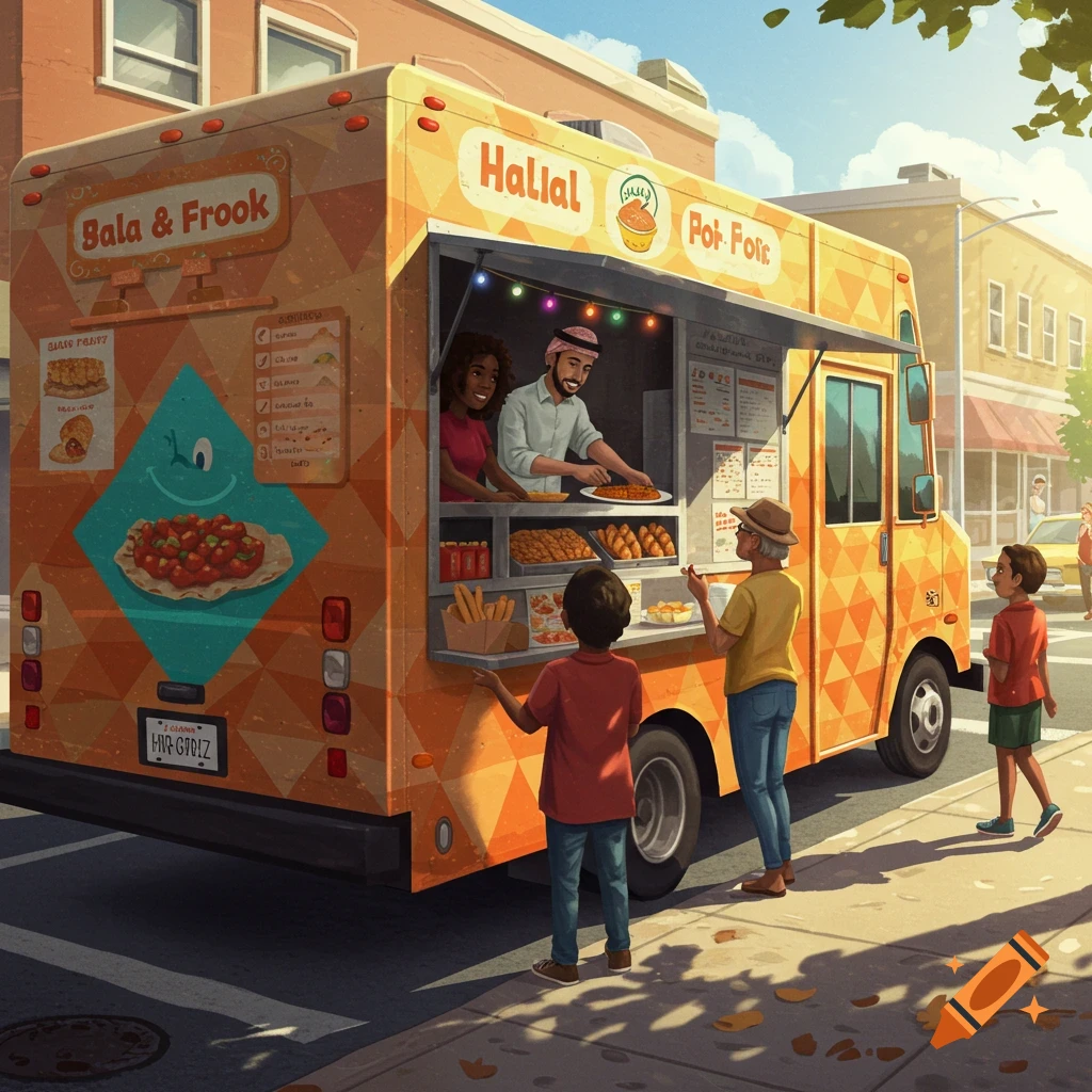 A food truck serving customers on a sunny street.