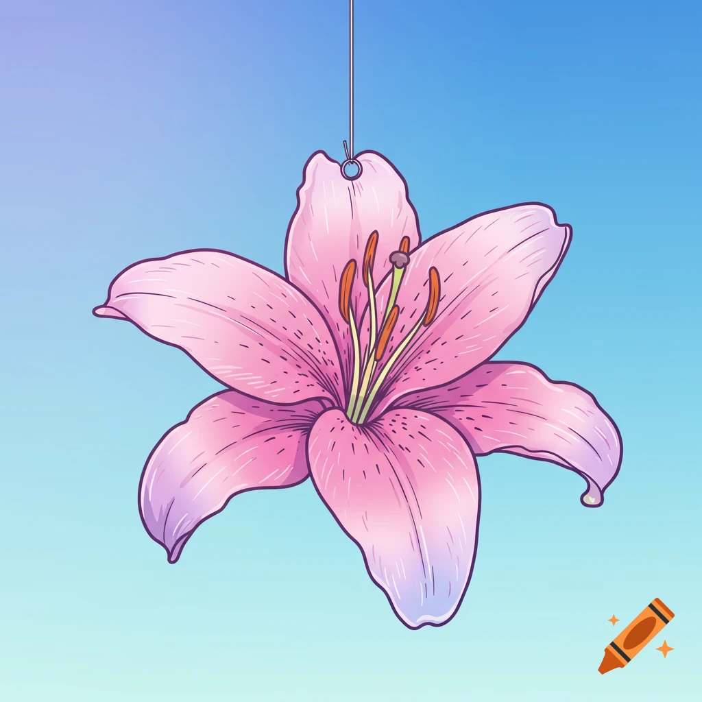 A vector illustration of a pink lily flower hanging by a string against a blue and purple gradient.