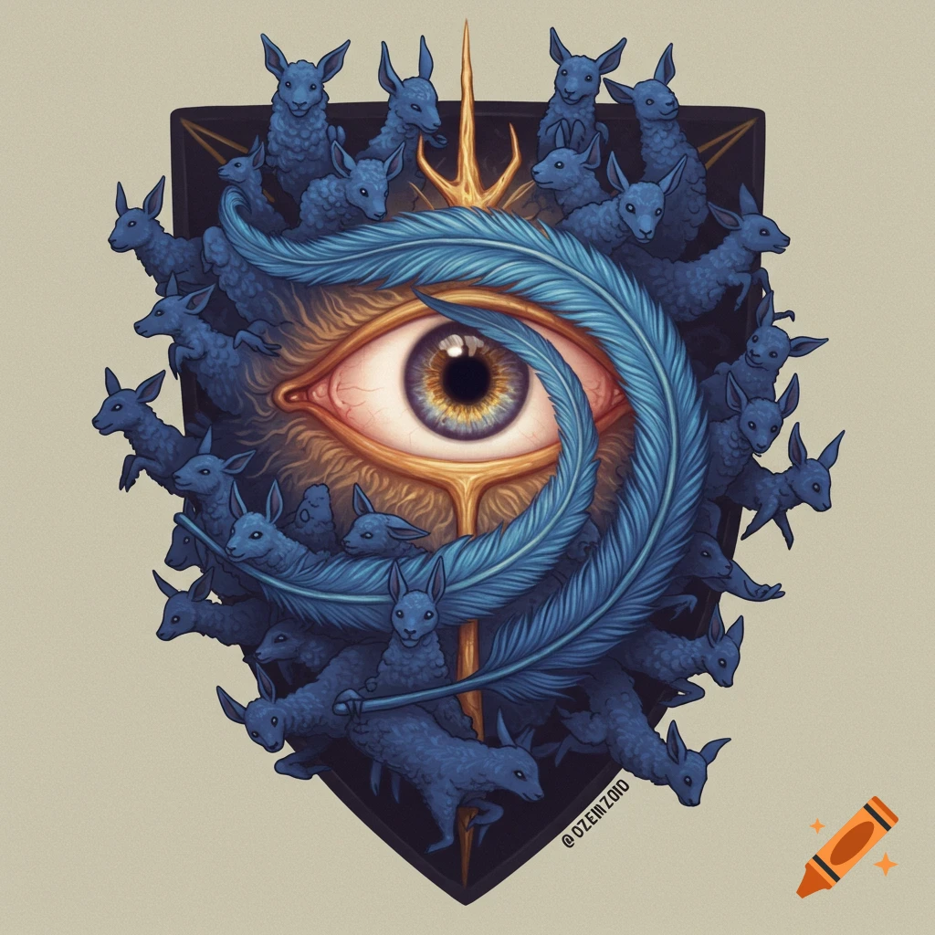 An eye surrounded by blue creatures and a feather on a shield.