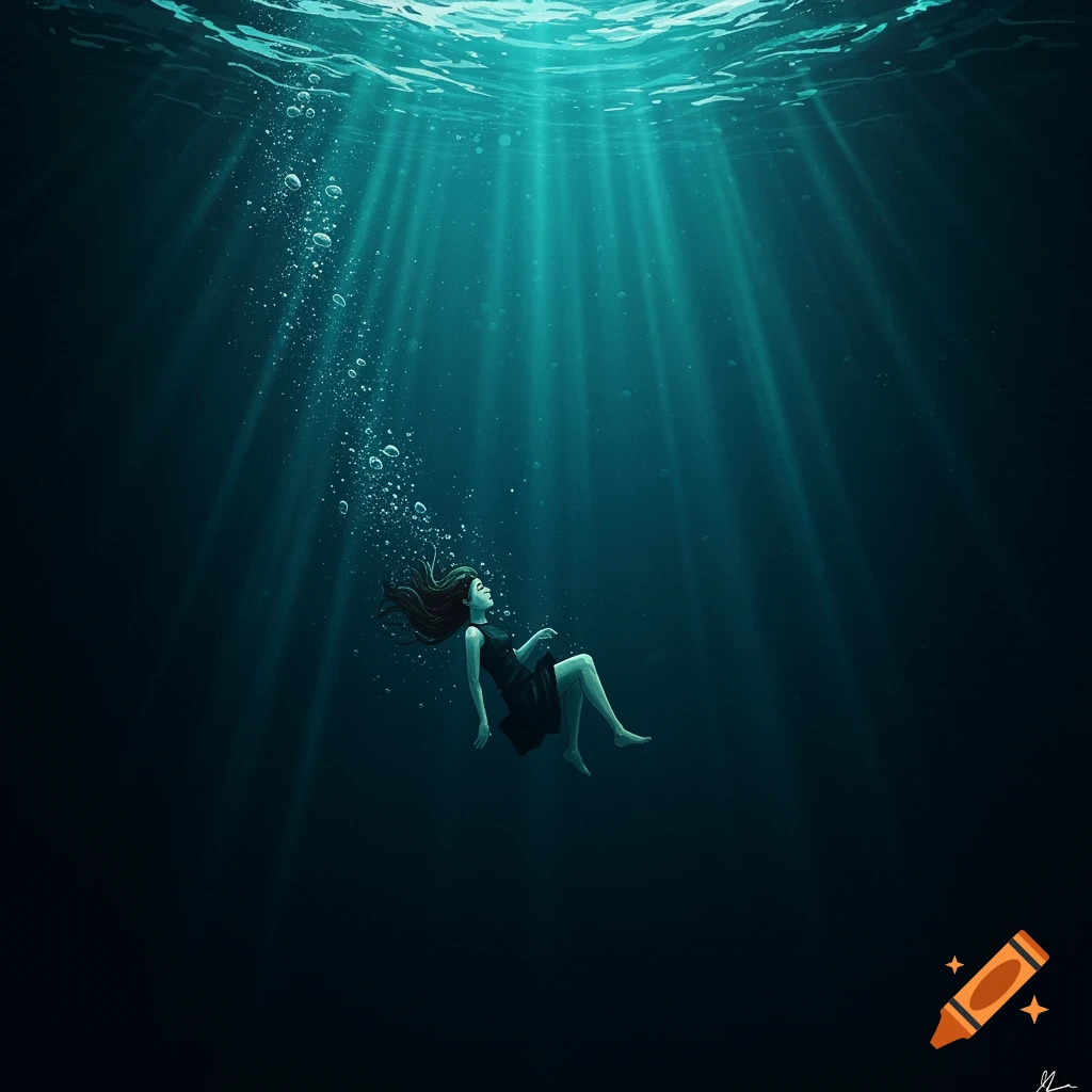 A girl sinking deep into the dark ocean with light rays and bubbles.