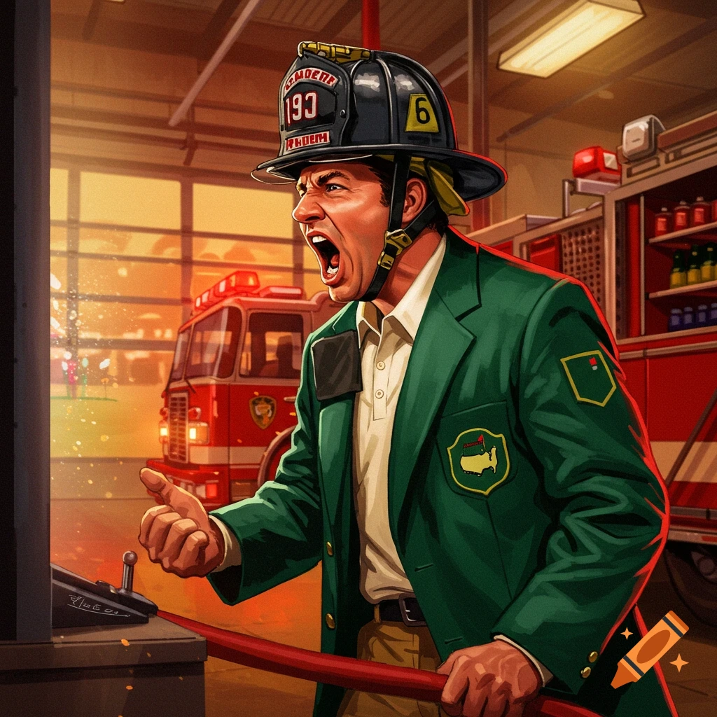 Image of a firefighter in a green jacket yelling inside a fire station.