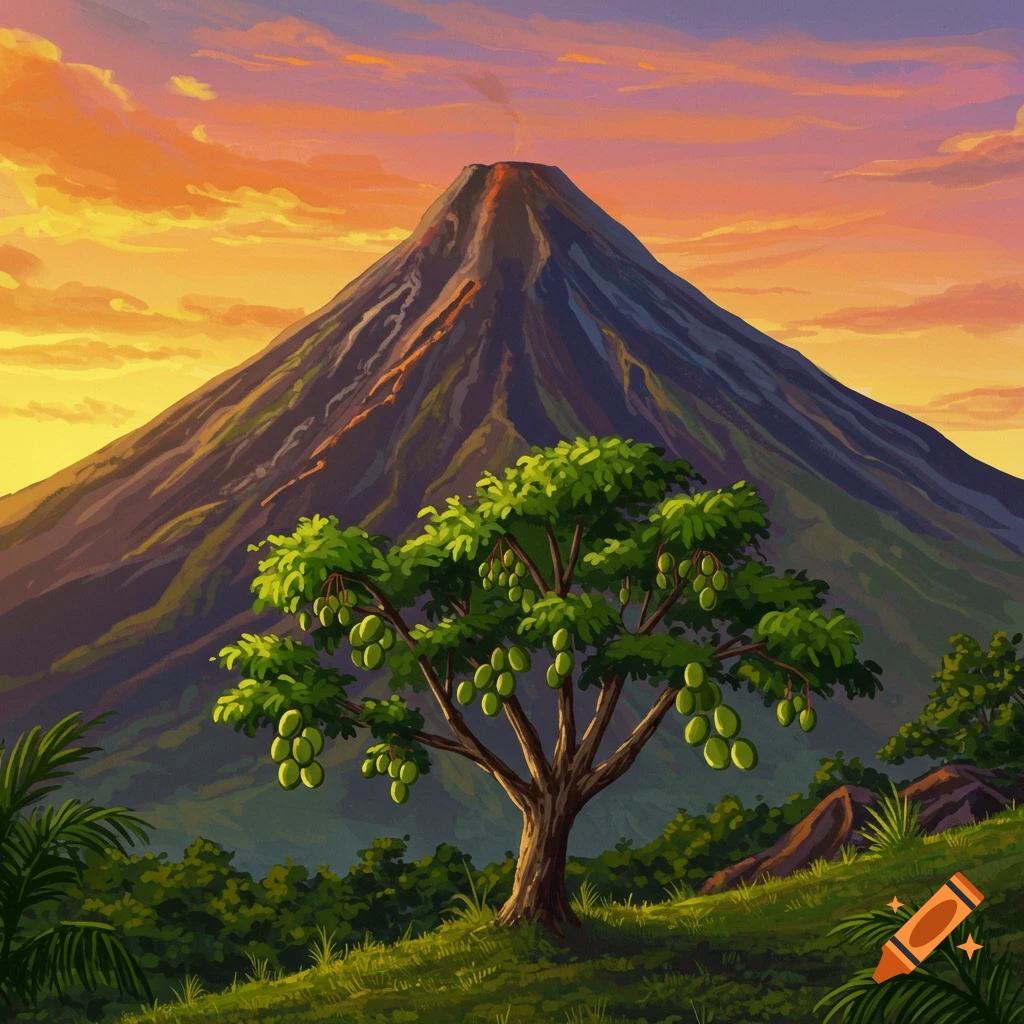 Volcano erupting at sunset with a tree in the foreground.
