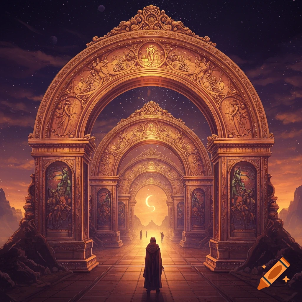 A cloaked figure stands in a grand hall of ornate golden arches looking towards a crescent moon in the distance.