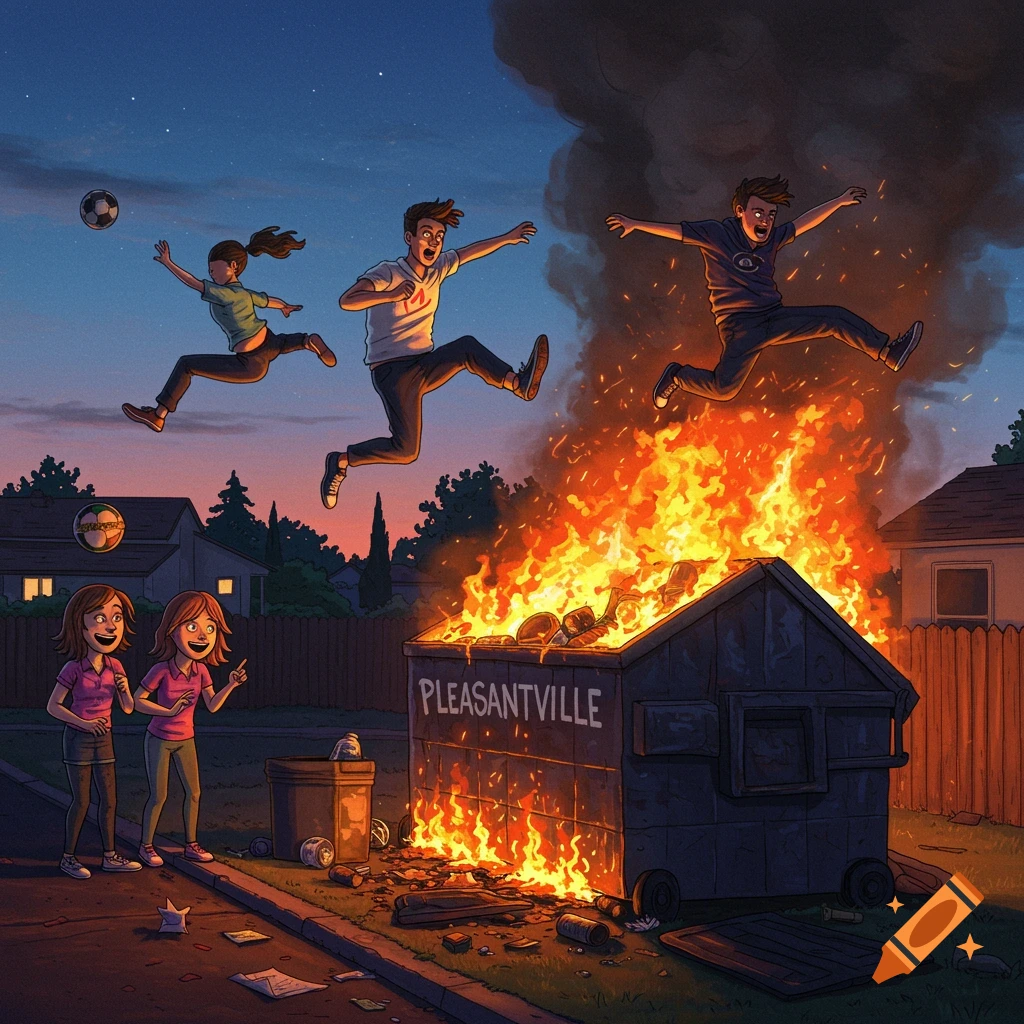 Stylized illustration of people jumping over a burning dumpster in a suburban neighborhood.