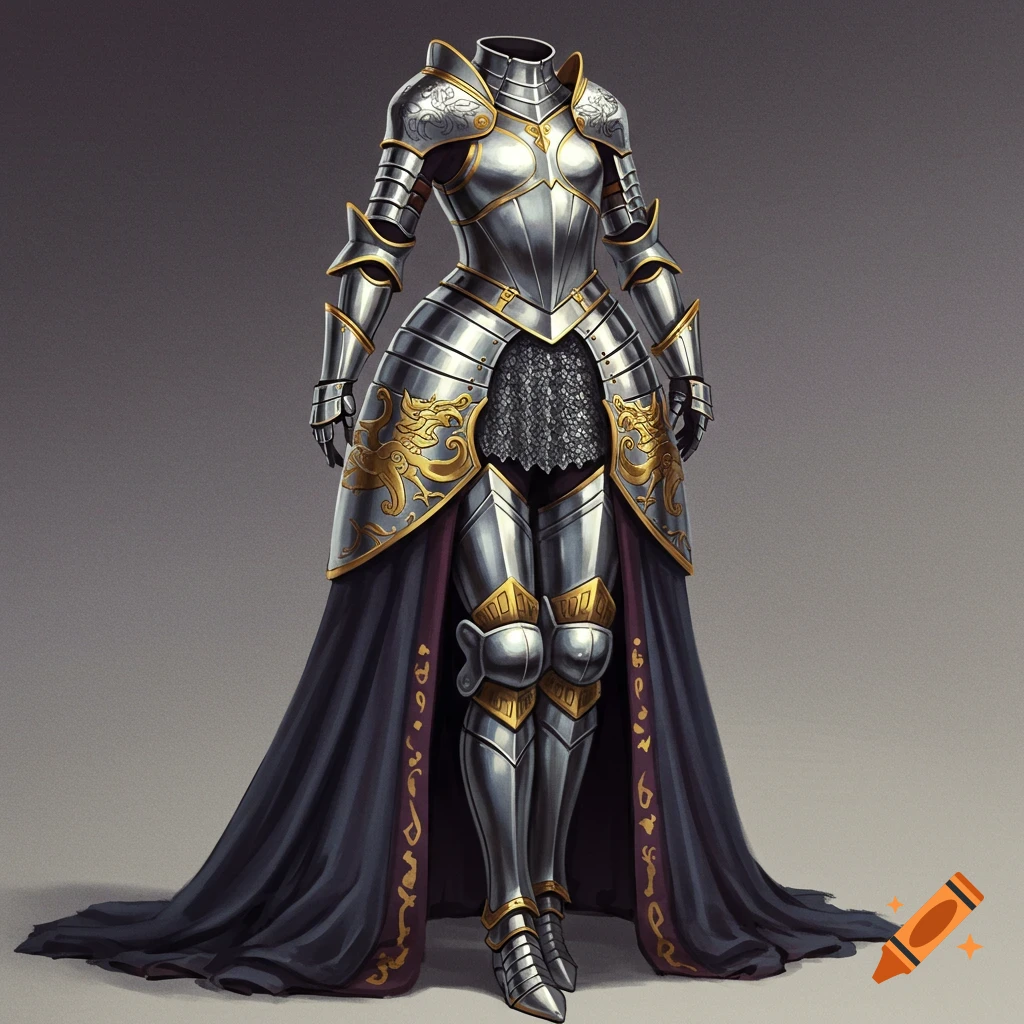 A detailed image of an empty suit of ornate silver and gold full plate armor with a dark cloak.