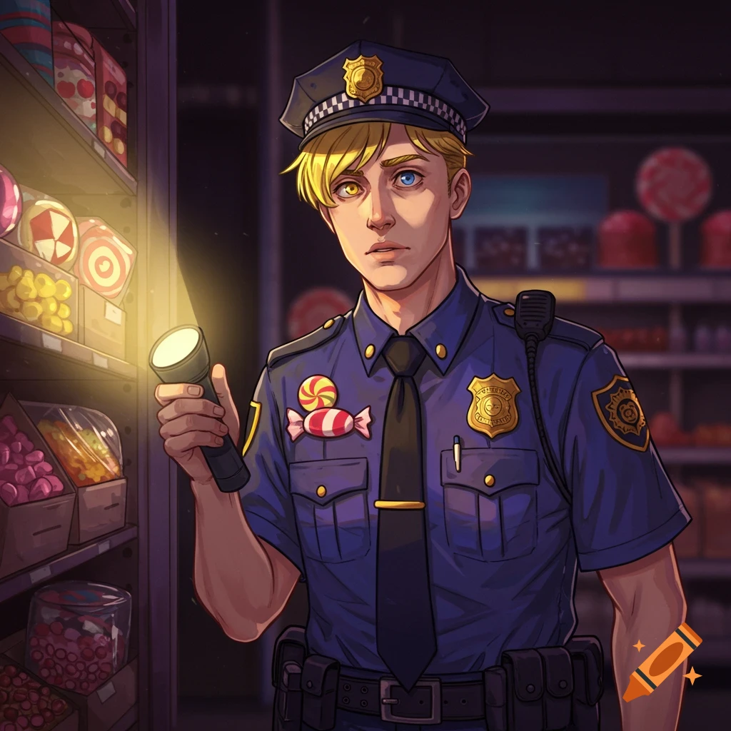 Anime-style police officer with heterochromatic eyes searches candy shelves with a flashlight.