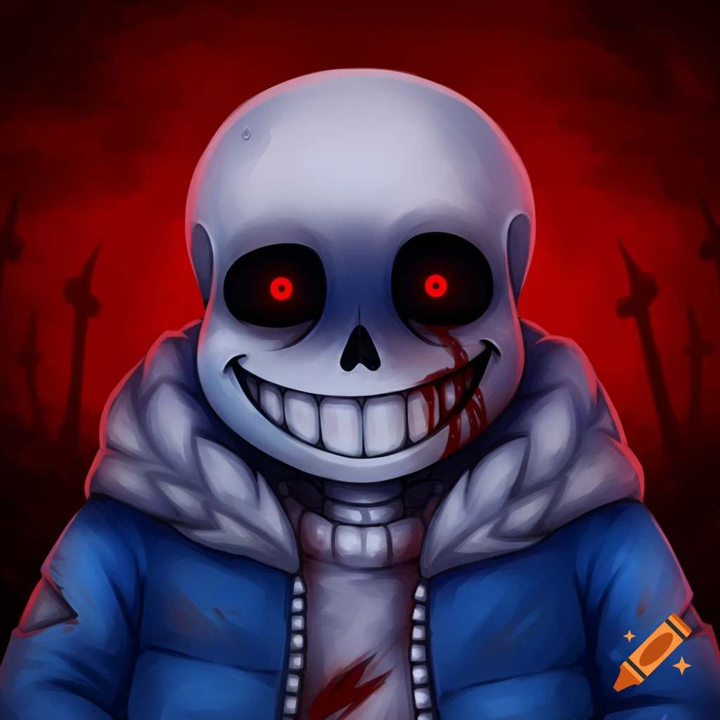 Close-up of Horrortale Sans, a skeleton character with red eyes, bloody mouth, and a wide grin, digital art.