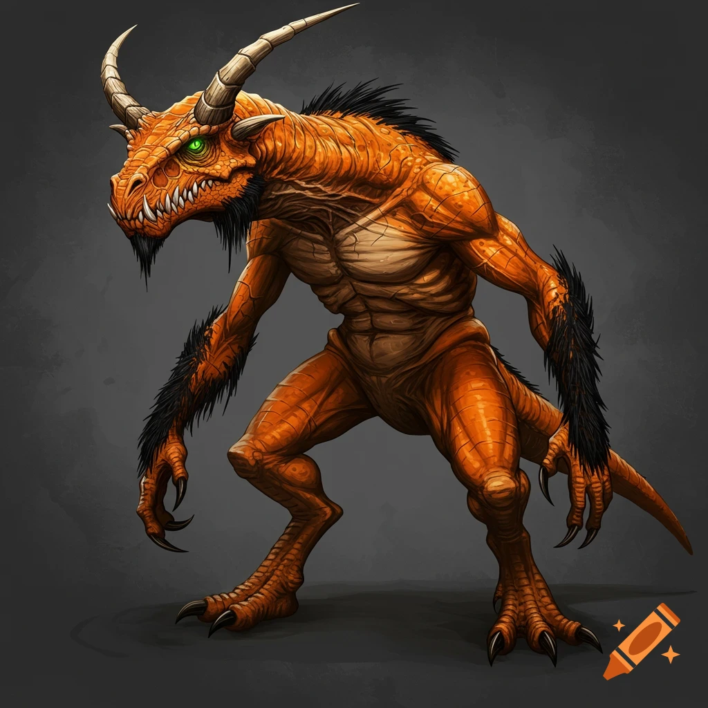 An orange creature with horns, fangs, green eyes, claws, and black fur