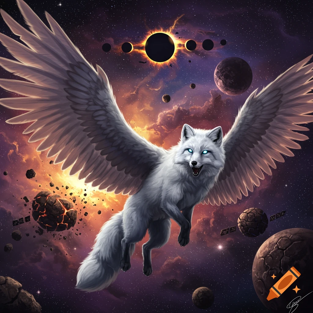 A white winged fox flies through space past shattered planets and a solar eclipse.