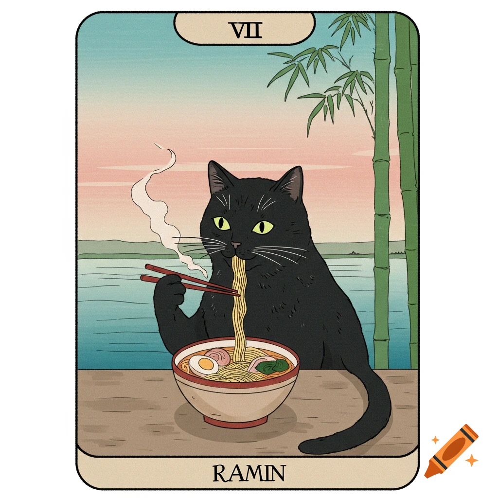 A tarot card featuring a black cat eating ramen with chopsticks, framed by bamboo, in a Japanese illustration style.