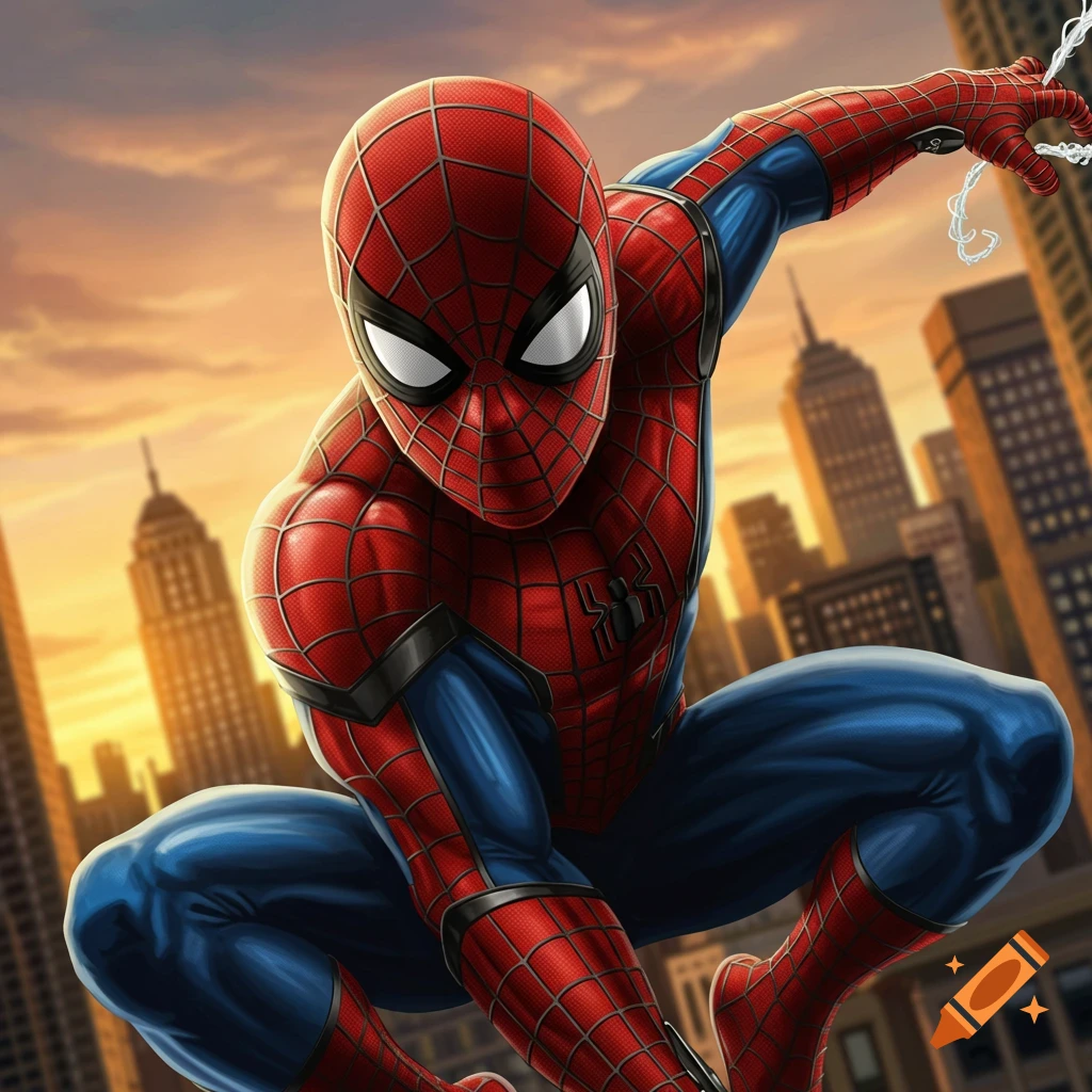 Spider-Man crouching in a city at sunset.