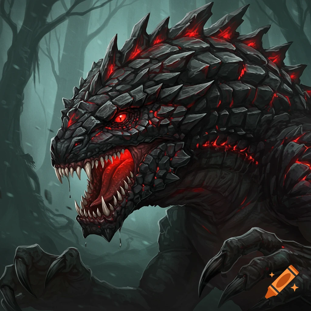 A dark fantasy creature with glowing red eyes and sharp teeth stands in a forest.