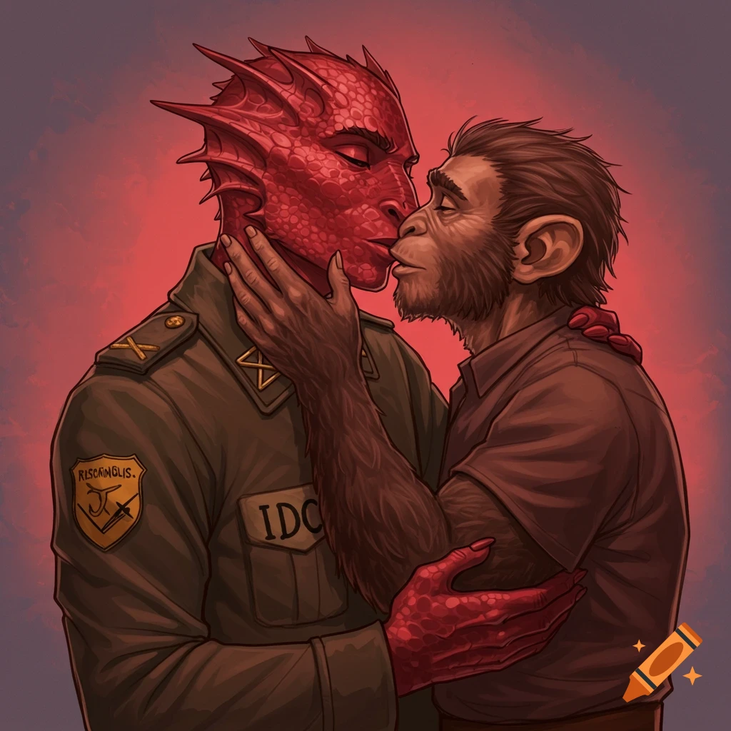 A man with red scales and a military uniform is kissing a brown-furred man with an ape-like face.