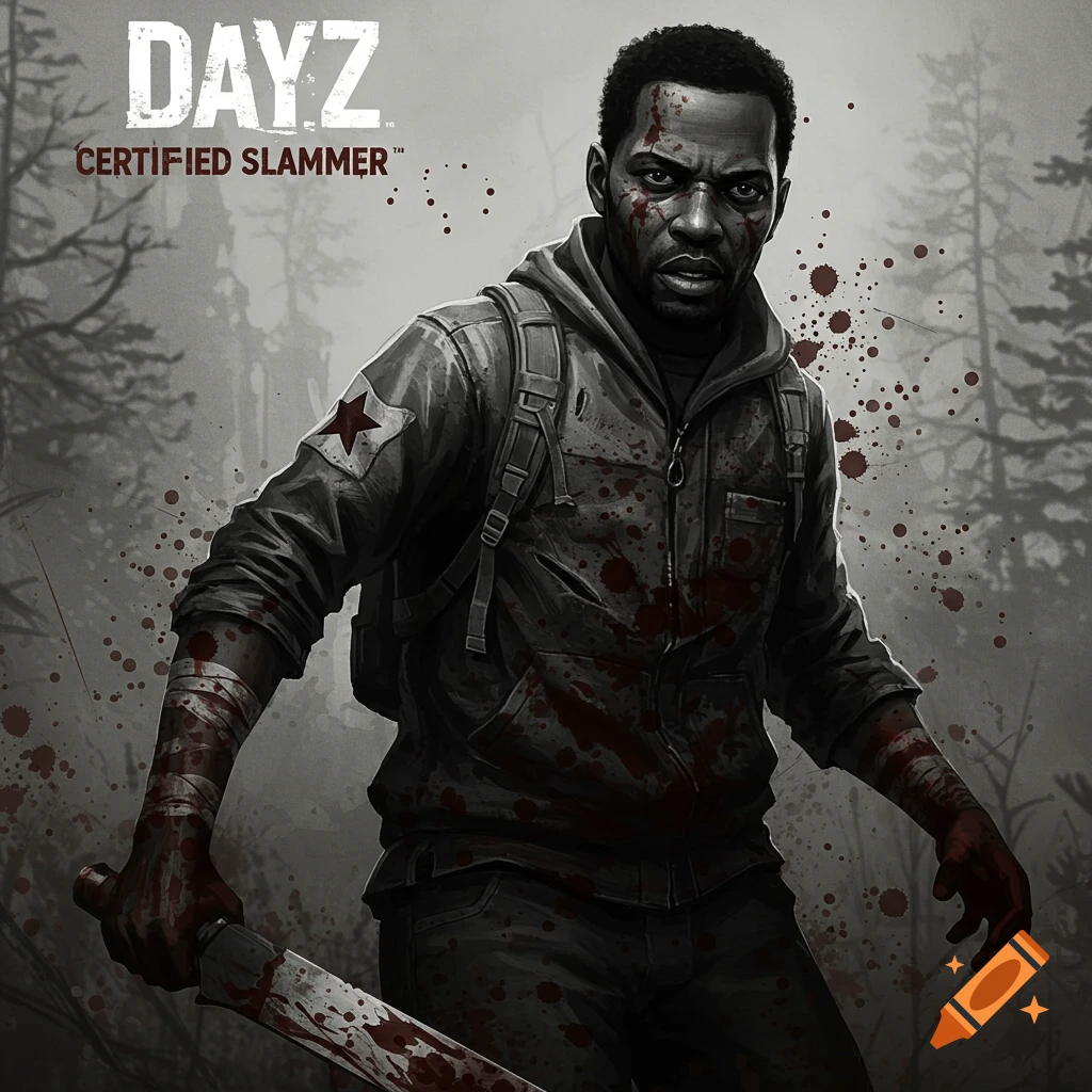 DayZ character covered in blood, holding a bloody machete, with the game logo.