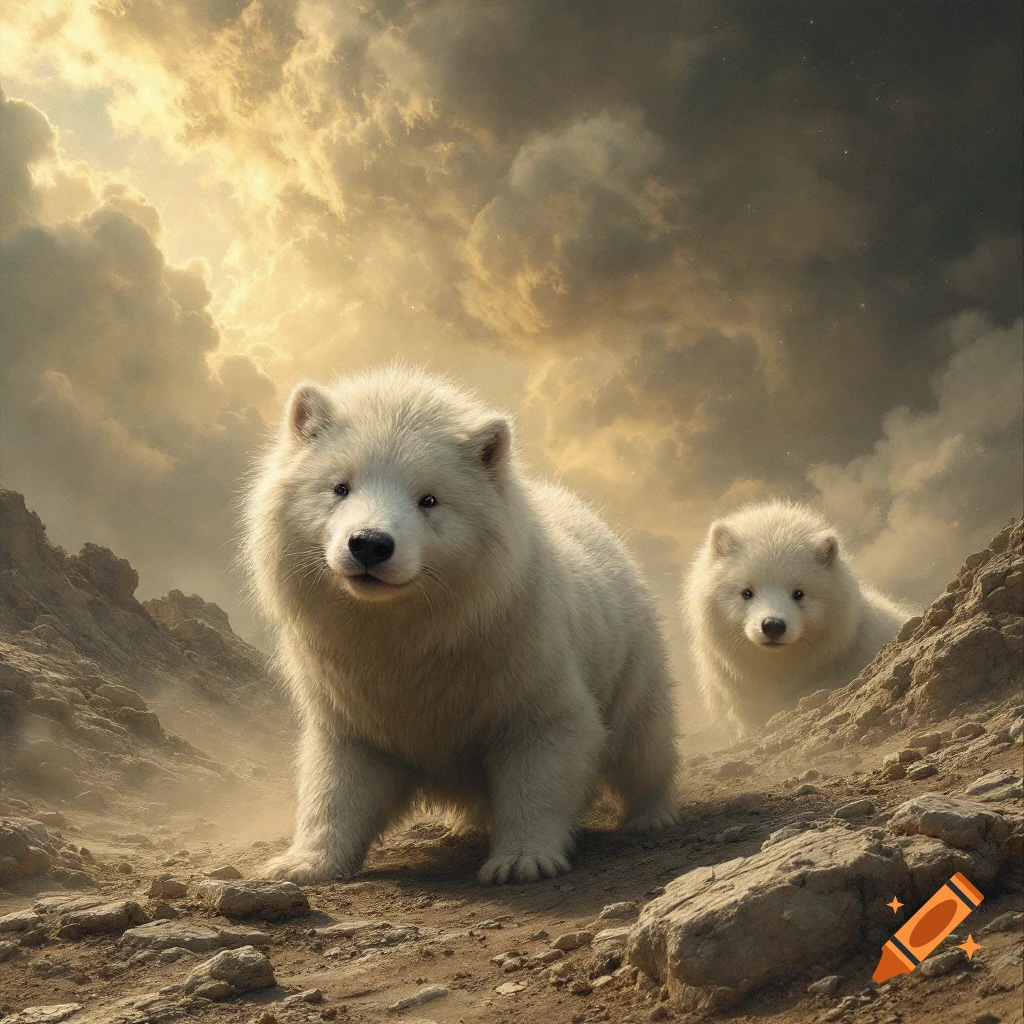 Two fluffy white animal cubs in a rocky landscape under a dramatic cloudy sky.