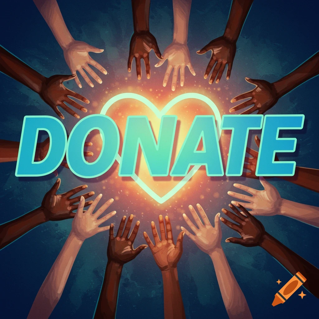Hands reaching towards a glowing heart with the word DONATE.