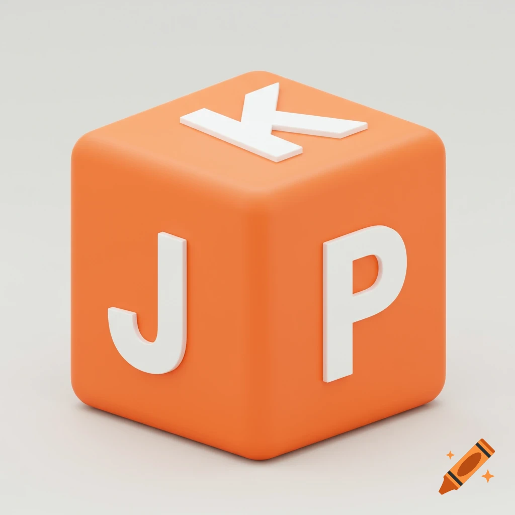 An orange cube displaying the letters J, K, and P on its faces.