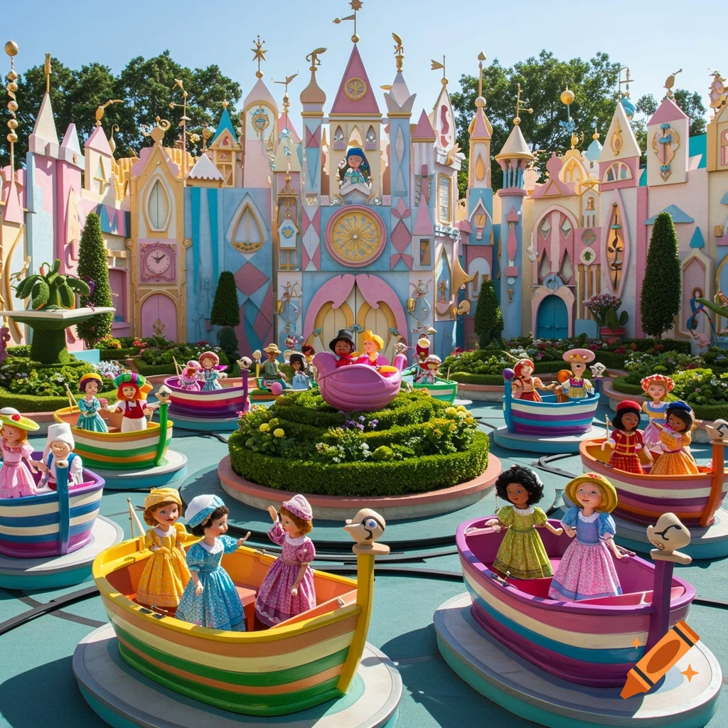 Colorful 'it's a small world' theme park ride with boats full of dolls and whimsical buildings.