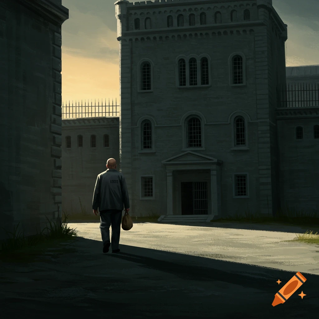 A bald person walking away from a large stone prison building towards sunlight.