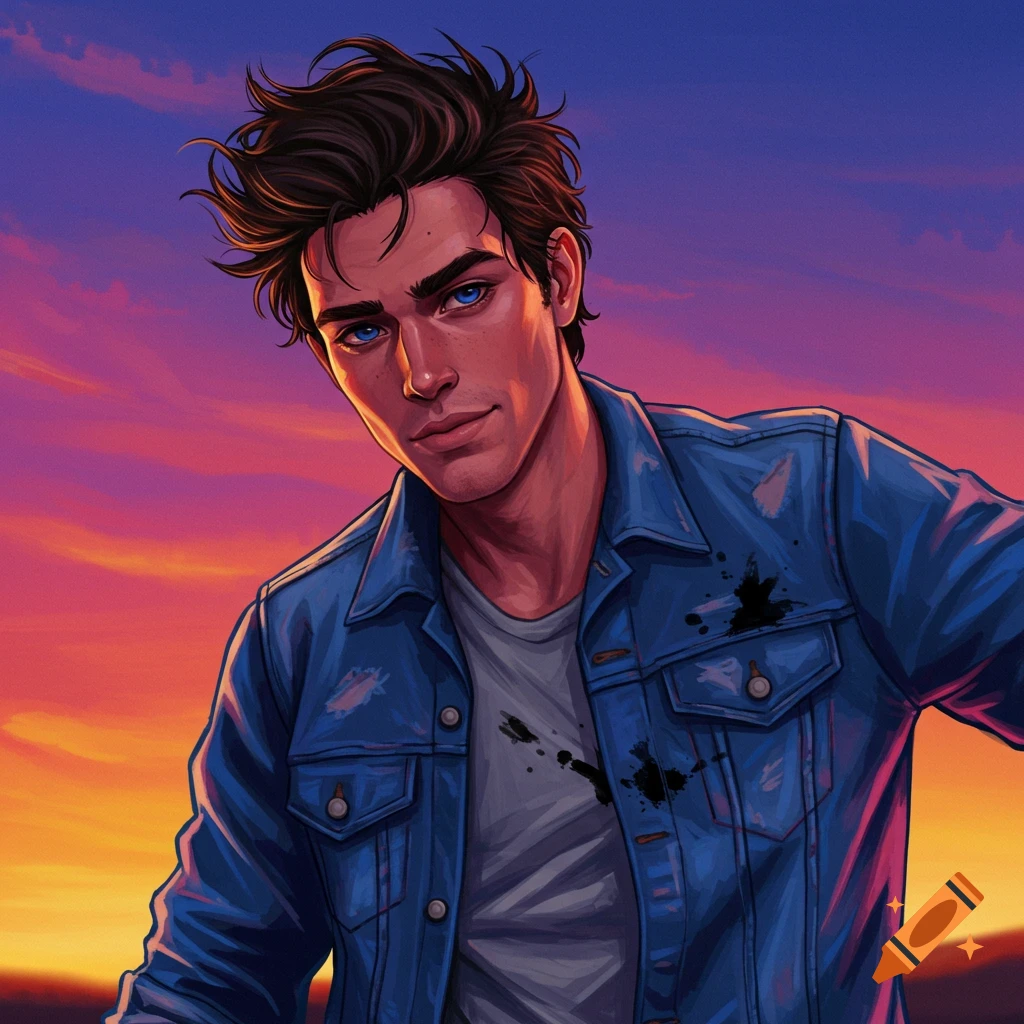 Portrait of a young man with blue eyes and messy hair against a sunset sky.