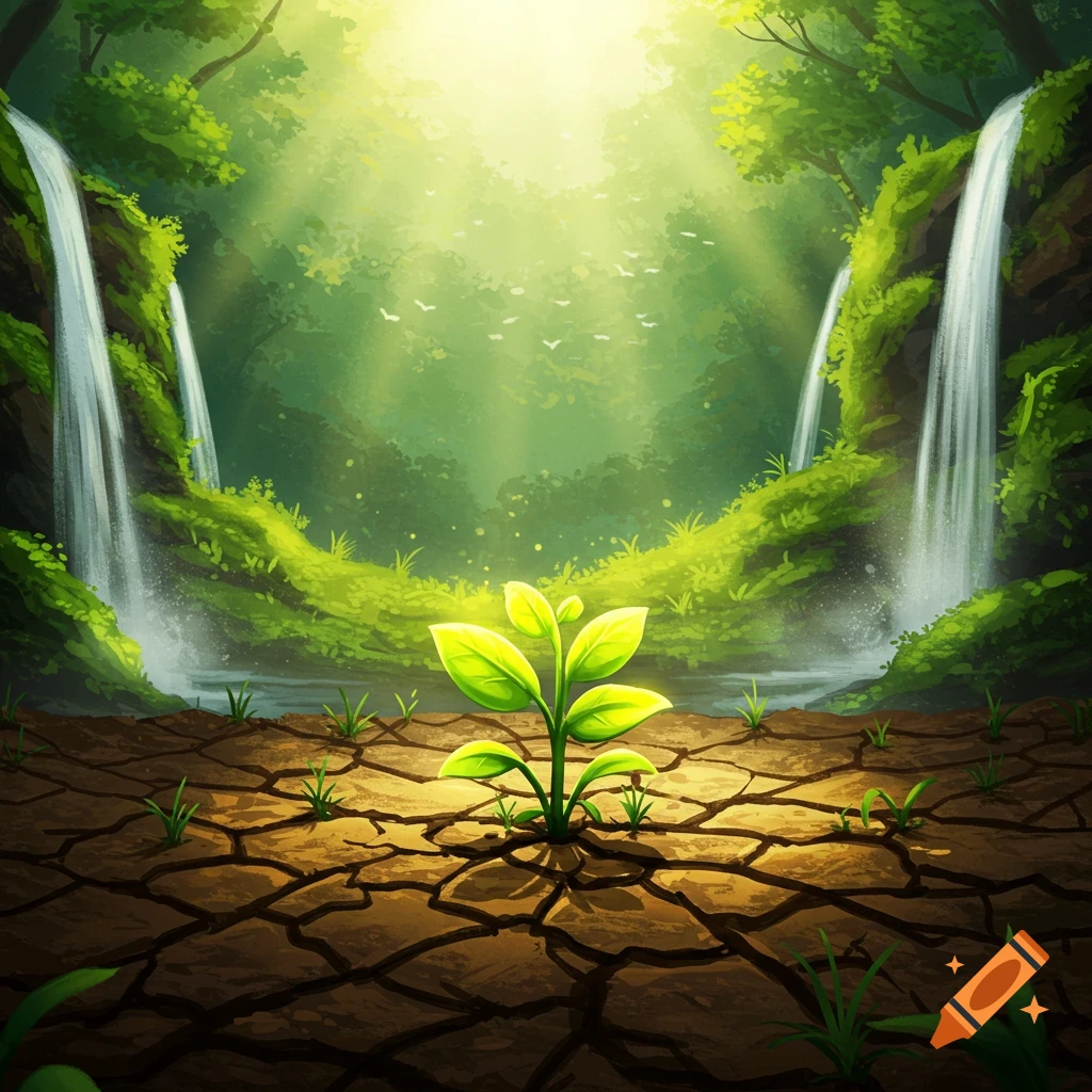 A green plant grows from cracked earth with waterfalls and forest in the background.