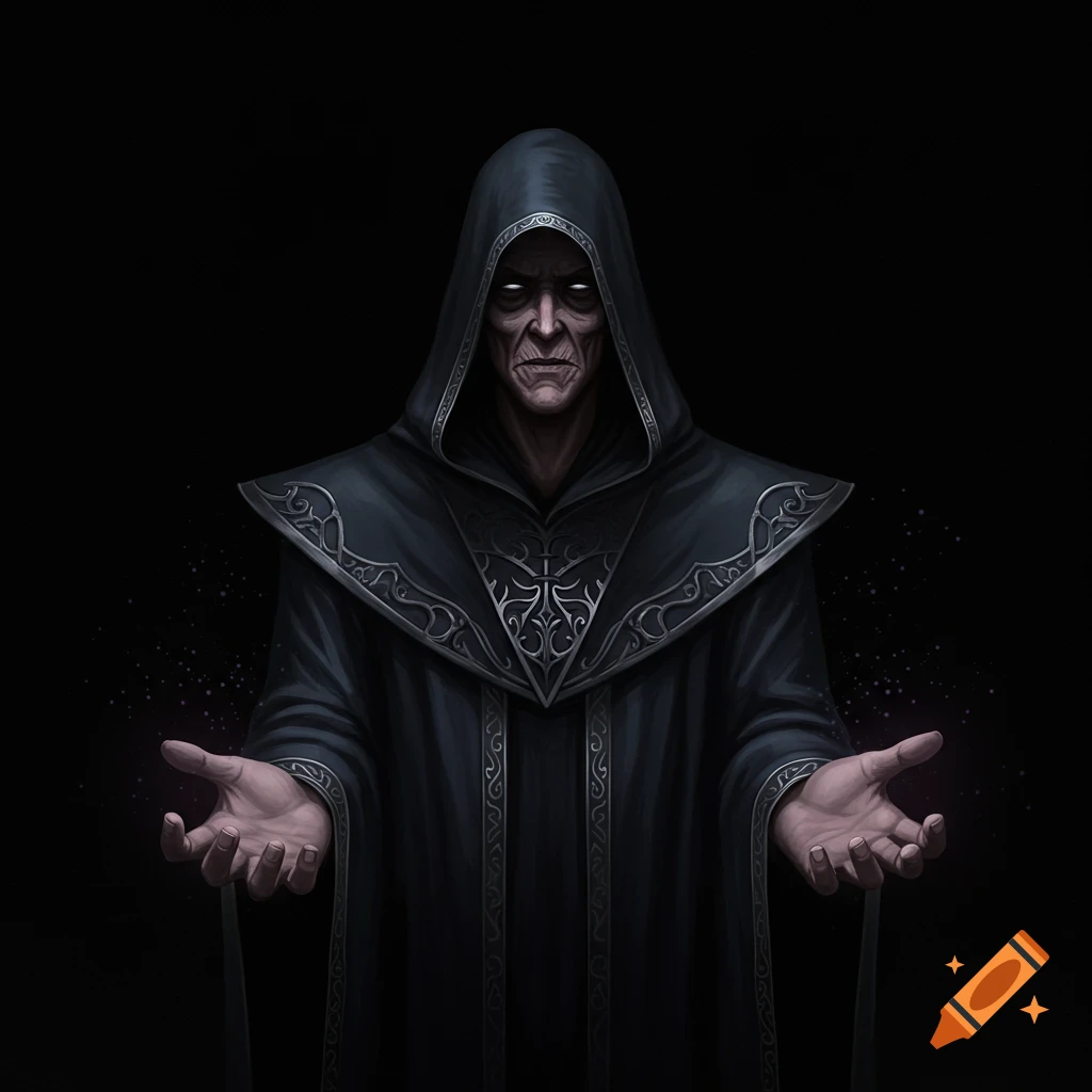 A dark hooded wizard holding out his hands with glowing eyes against a black background