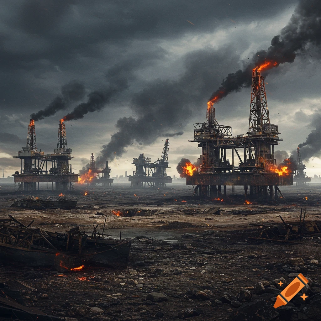 Burning oil rigs under a stormy sky, with debris in the water.