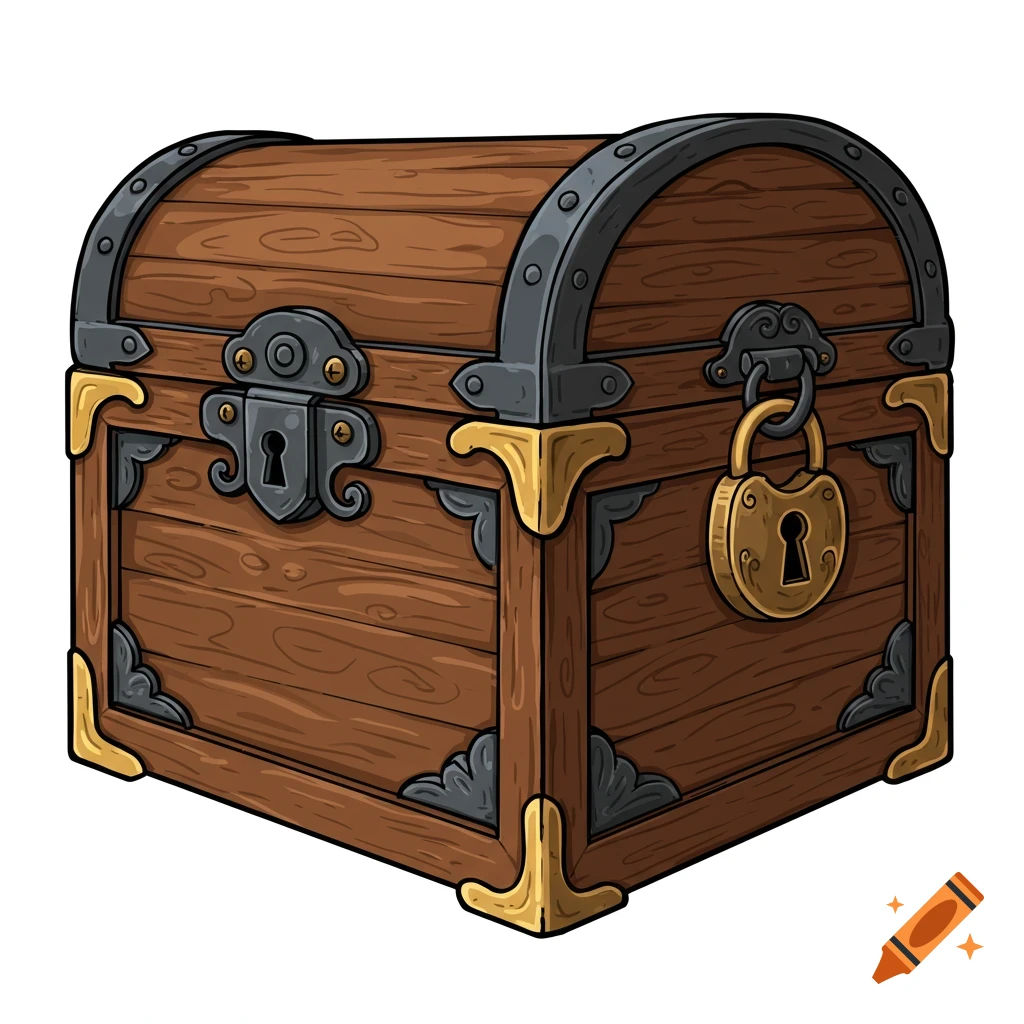A vector illustration of a closed wooden treasure chest with metal accents and a padlock.