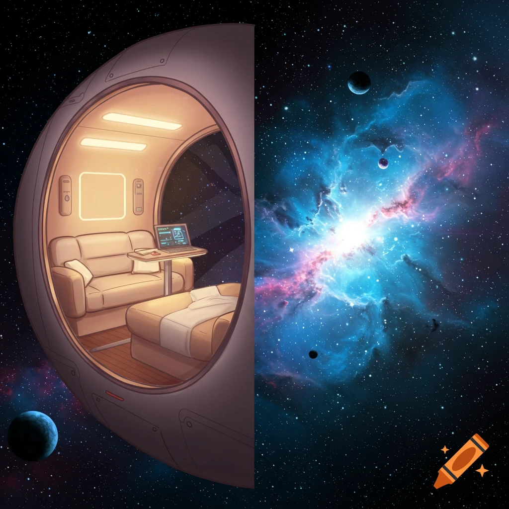 Cozy space pod interior looking out at a bright blue and pink nebula in space, digital art style.