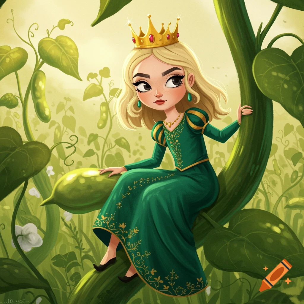 Fairytale illustration of a princess sitting on a giant beanstalk