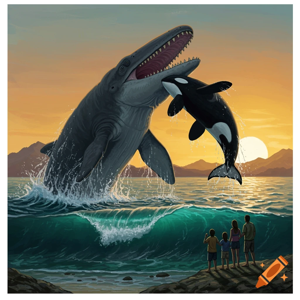 Large prehistoric whale attacking an orca as a family watches from shore at sunset.