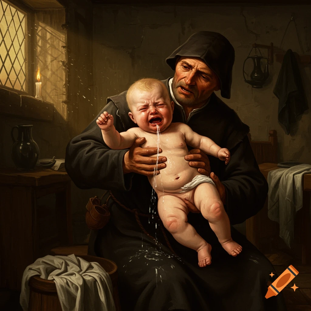 Painting of a baby vomiting while being held by a person in a dark room