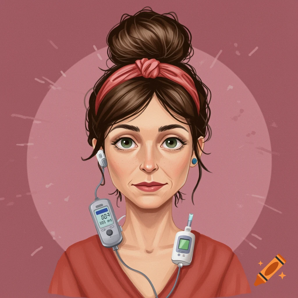 A woman with a mom bun hairstyle is shown wearing an insulin pump and CGM.