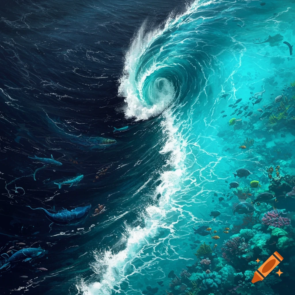 A large wave splitting deep dark ocean water with whales from clear shallow water with coral reef and fish.