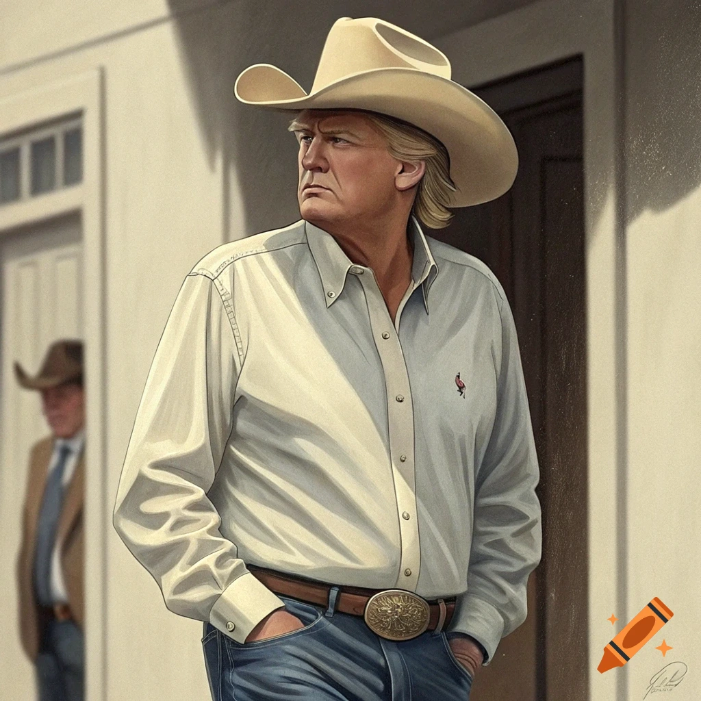 Donald Trump is wearing a cowboy hat, shirt, jeans, and belt buckle, standing outside.