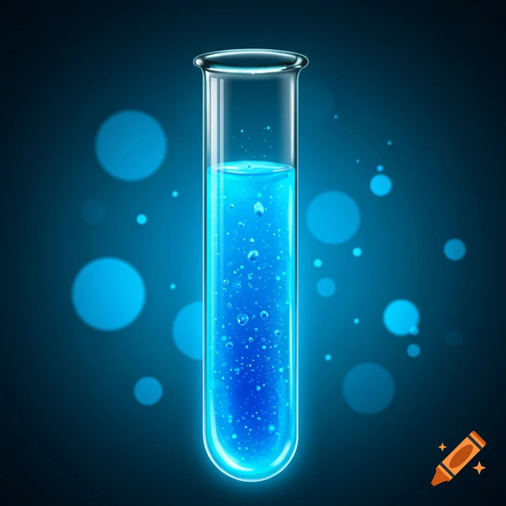 A test tube filled with blue liquid and bubbles