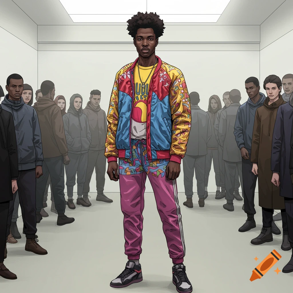 A black man in a colorful jacket and pink pants stands in a room full of people in muted clothes.