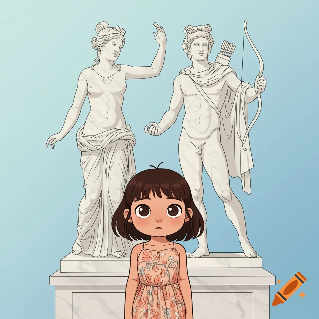 A cartoon girl stands in front of artistic line drawings of marble statues of Aphrodite and Apollo.