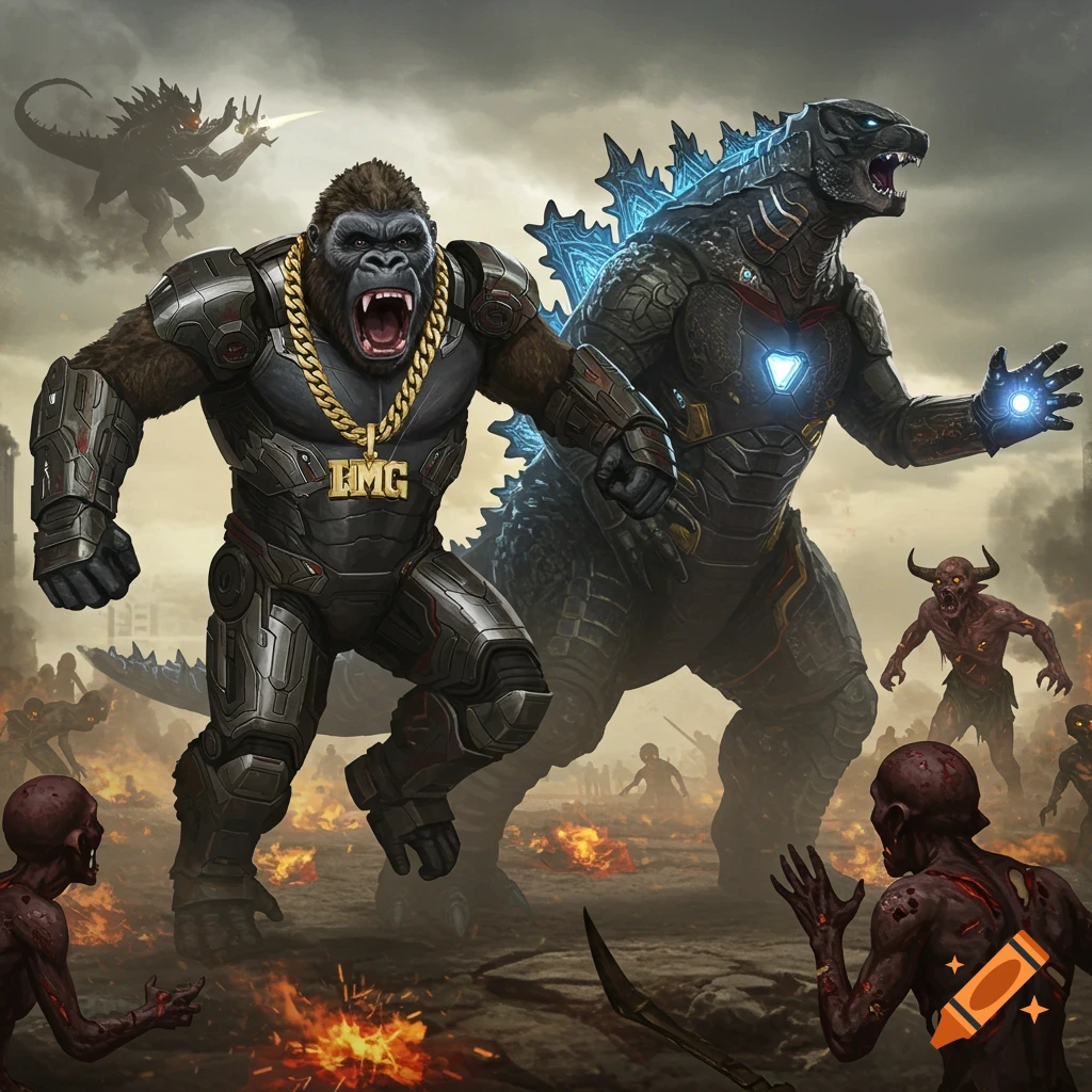 Armored King Kong and Godzilla fighting zombies and demons on a battlefield.