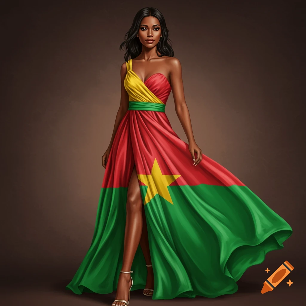 A woman in a high fashion dress featuring the Burkina Faso flag colors.