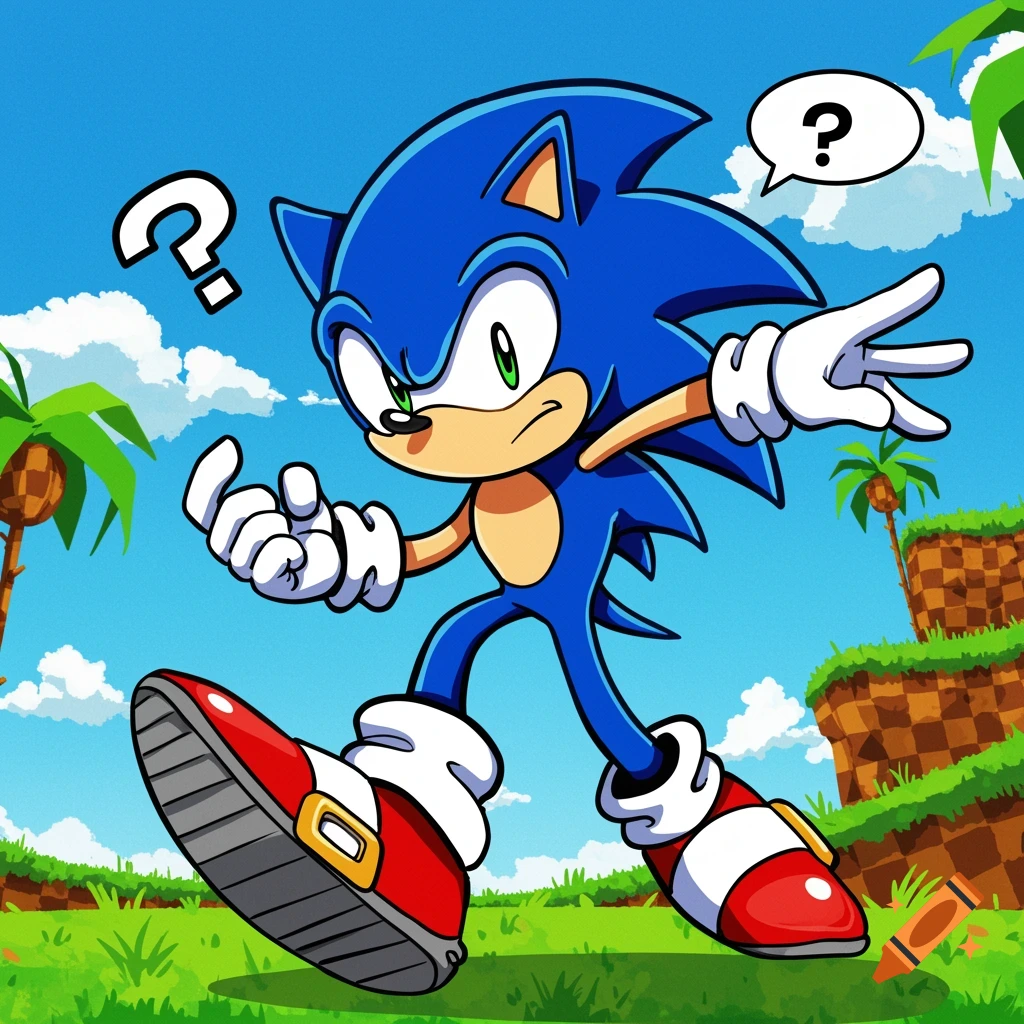 Sonic the Hedgehog in a cartoon style looking confused in a Green Hill Zone-like setting with question mark speech bubbles.