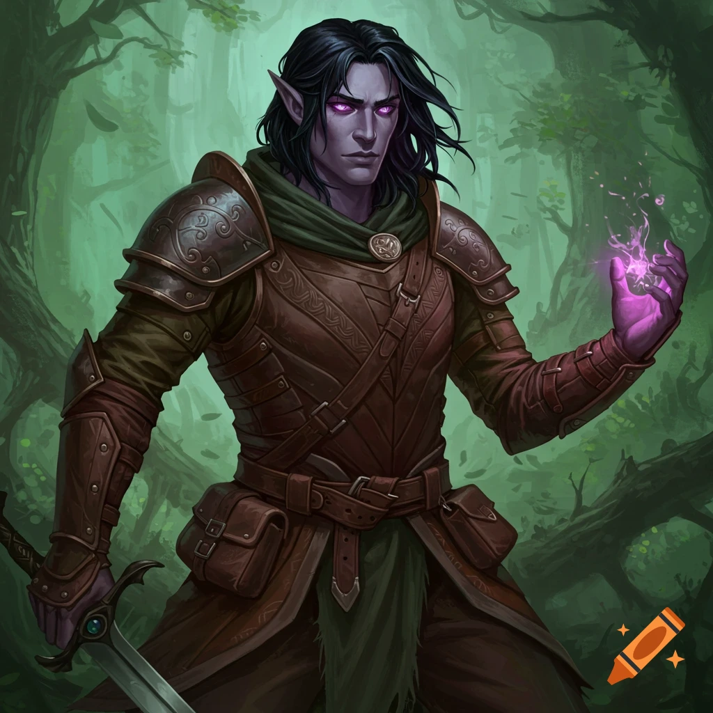 A dark elf male character with purple eyes, black hair, and leather armor holds a sword and casts magic in a forest.
