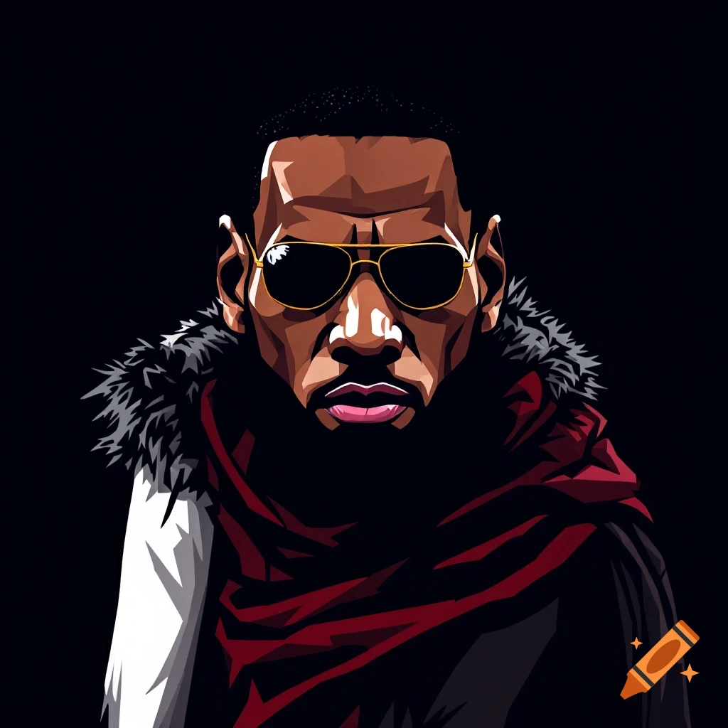 Stylized portrait of a man wearing sunglasses, red scarf, and jacket