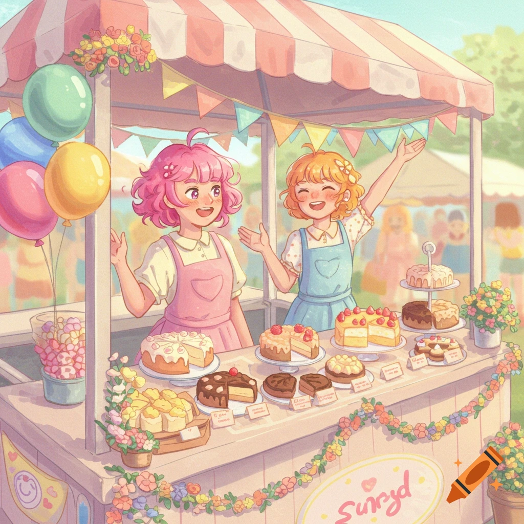 Cute anime illustration of two girls selling cakes at a market stall decorated with balloons and flowers.