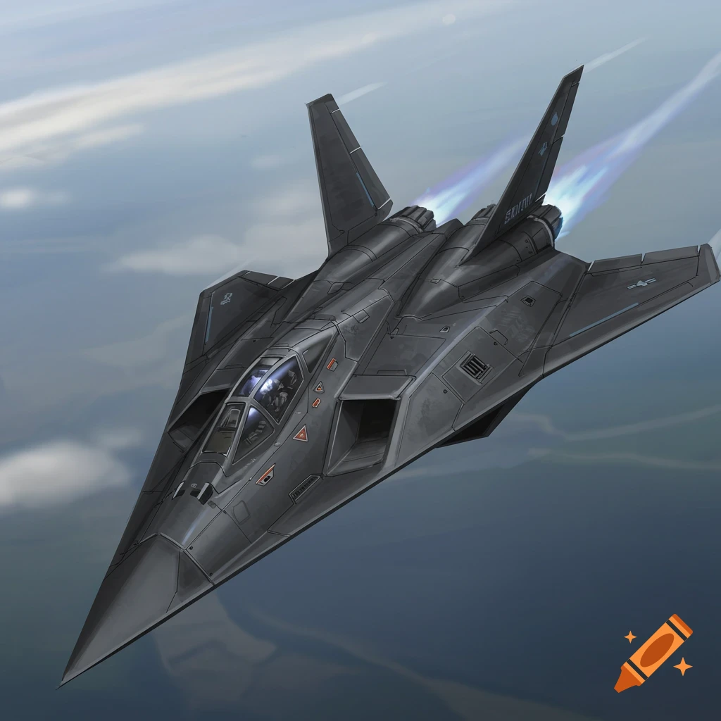 A dark grey stealth fighter jet flying through clouds with blue exhaust trails.